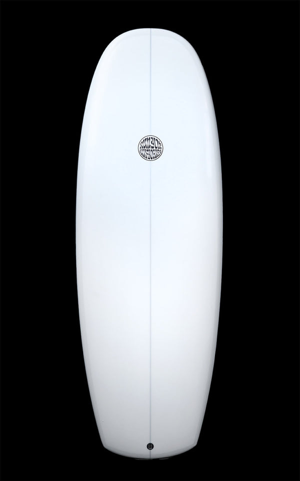 White Runyon Mini hammer surfboard. Against a black background, Runyon logo in he center of the board.