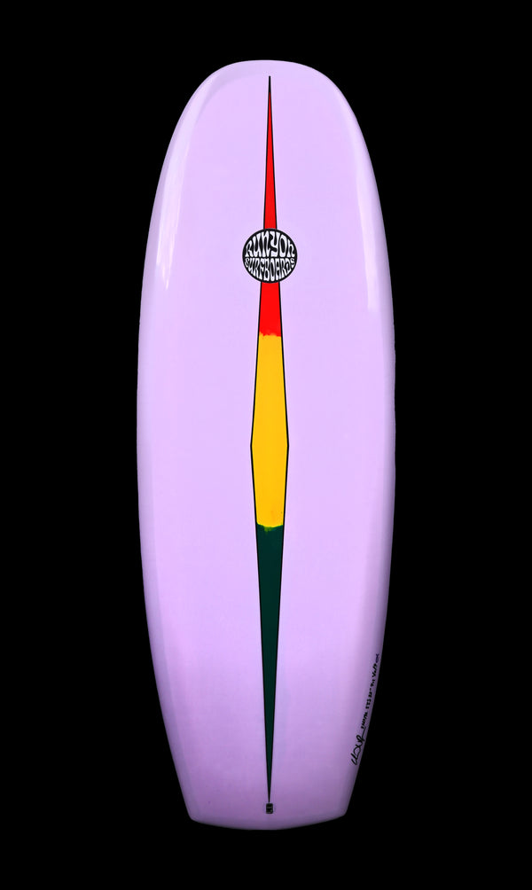 Light Purple Mini Hammer Surfboard with elongated greed, yellow, and red diamond stratching from tail to nose. Runyon logo in the center.