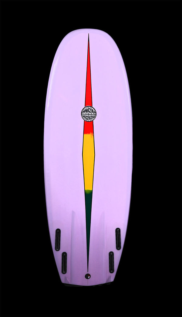 Light Purple Mini Hammer Surfboard with elongated greed, yellow, and red diamond stratching from tail to nose. Runyon logo in the center. Quad Fin Setup. against a black background.