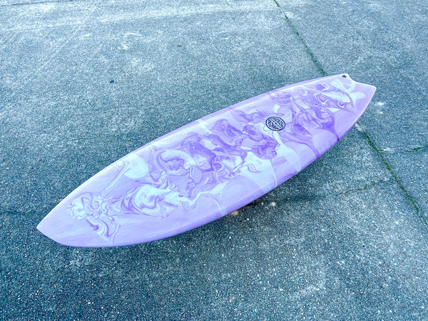 purple and white shortboard surfboard