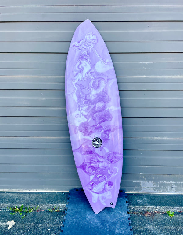 purple and white shortboard surfboard