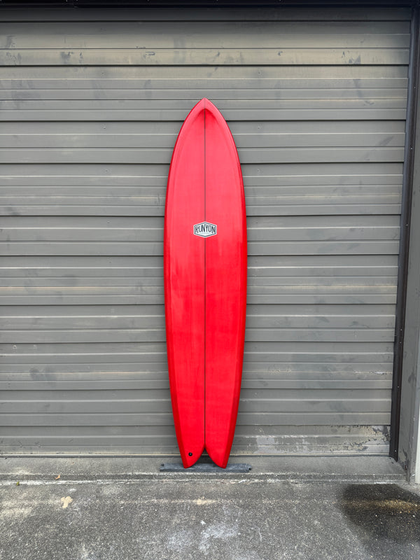 red mid length fish surfboard