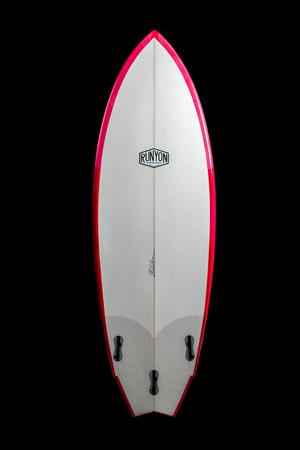 red and white swallow tail surfboard