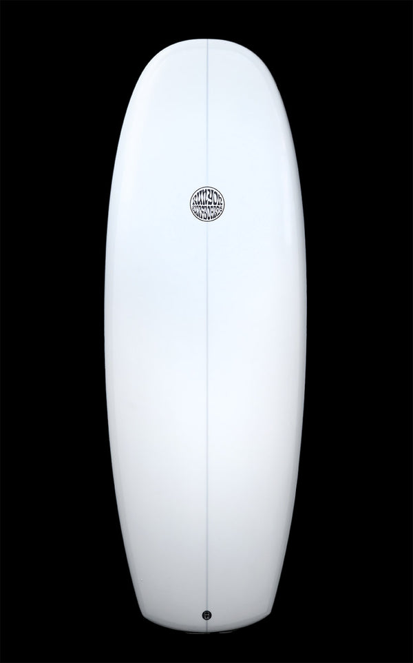 White Runyon Mini hammer surfboard. Against a black background, Runyon logo in he center of the board. 