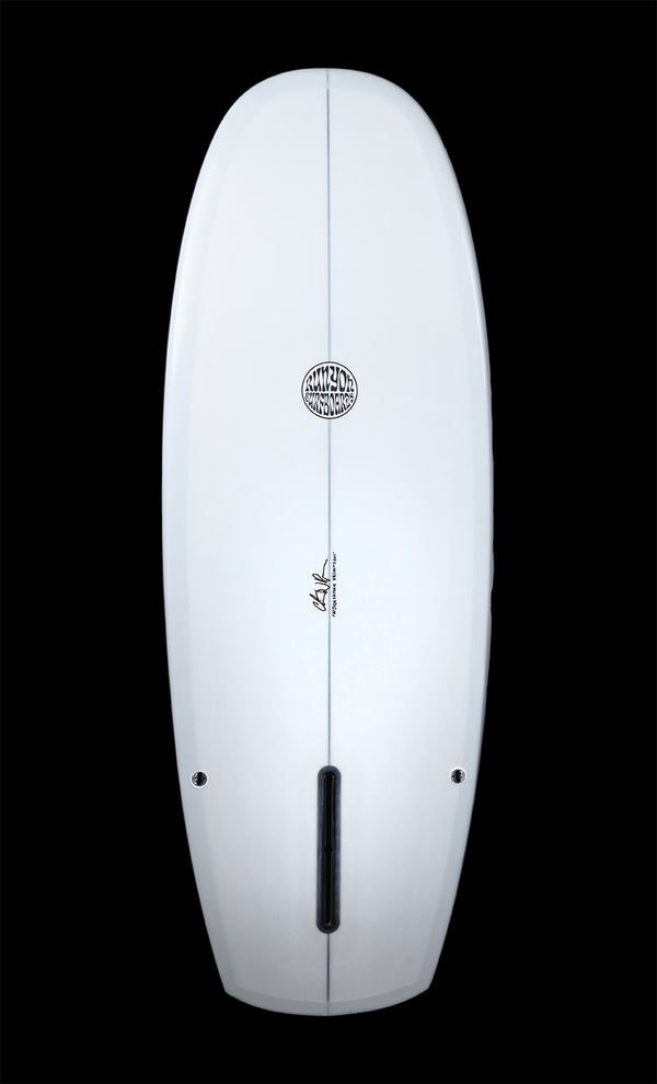 White Mini Hammer Runyon Surfboard, against a black background. Single Find Setup. Runyon logo in the center. 