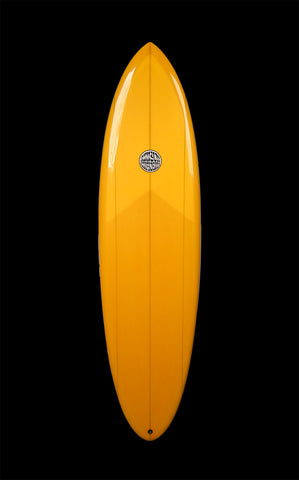And Orange Mid-length  surfboard on a black background. Runyon Logo in the center. 