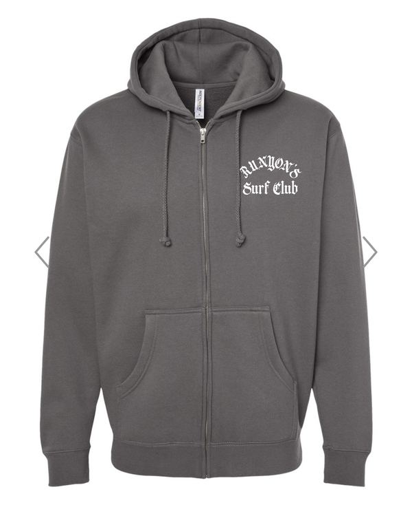 grey zip up hoodie with surfboard logo