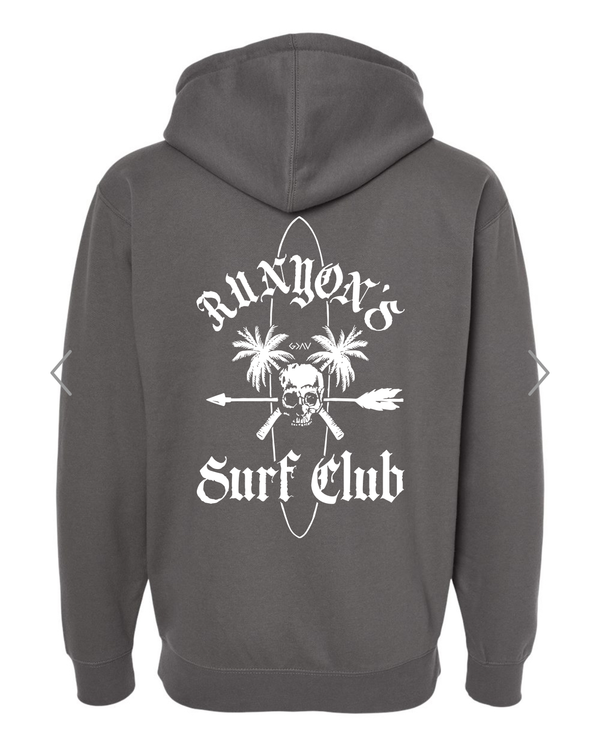 grey hoodie with surfboard logo 