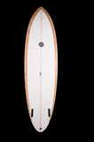 A Funboard with Duel Fin Future Fin Boxes, Mocha colored edges, white center with Runyon Logo in the Center